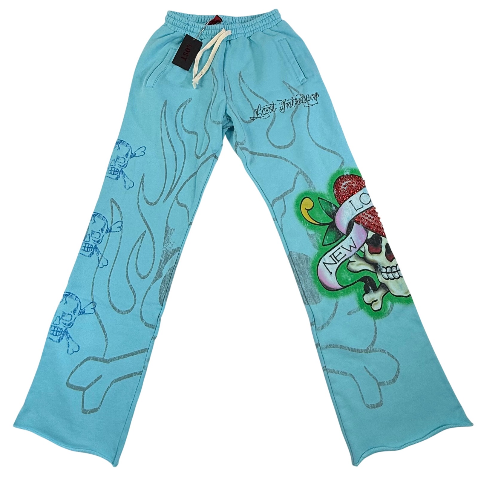 Lost Intricacy New York Blue Skull Flame Rhinestone Graphic Sweatpants Nwt